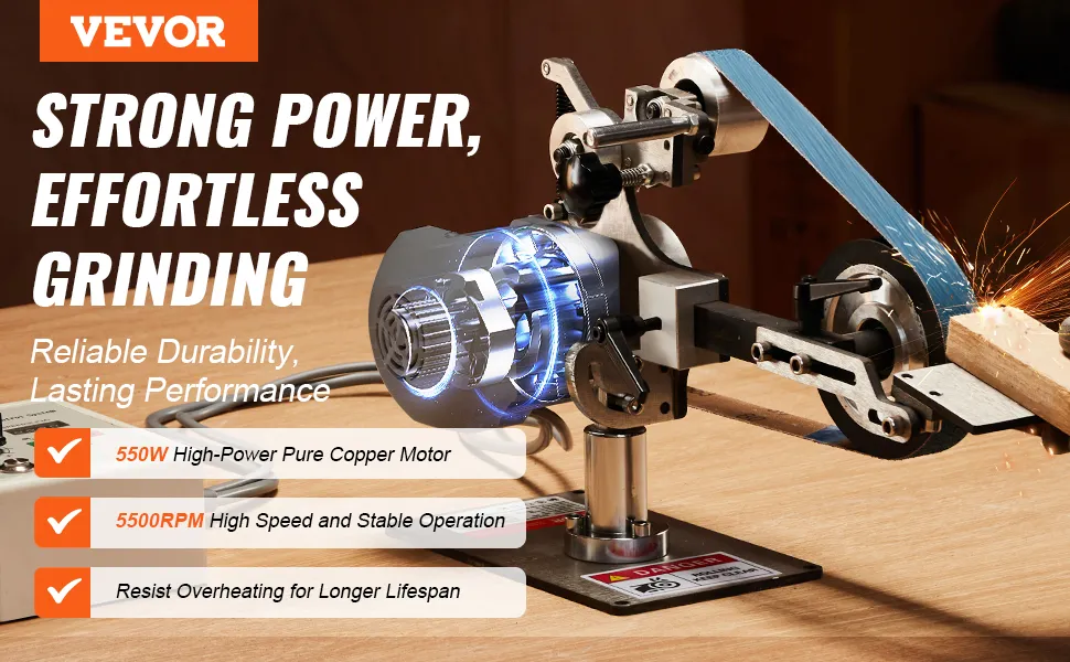 Levigatrice a nastro VEVOR con motore in rame da 550 W, 5500 giri/min per stabilità e resistenza al surriscaldamento.