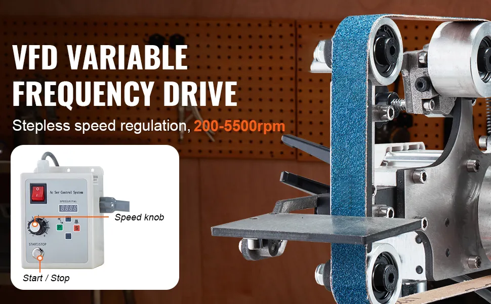 VFD con levigatrice a nastro VEVOR, regolazione della velocità 0-5500 giri/min, sistema di controllo con manopola della velocità.