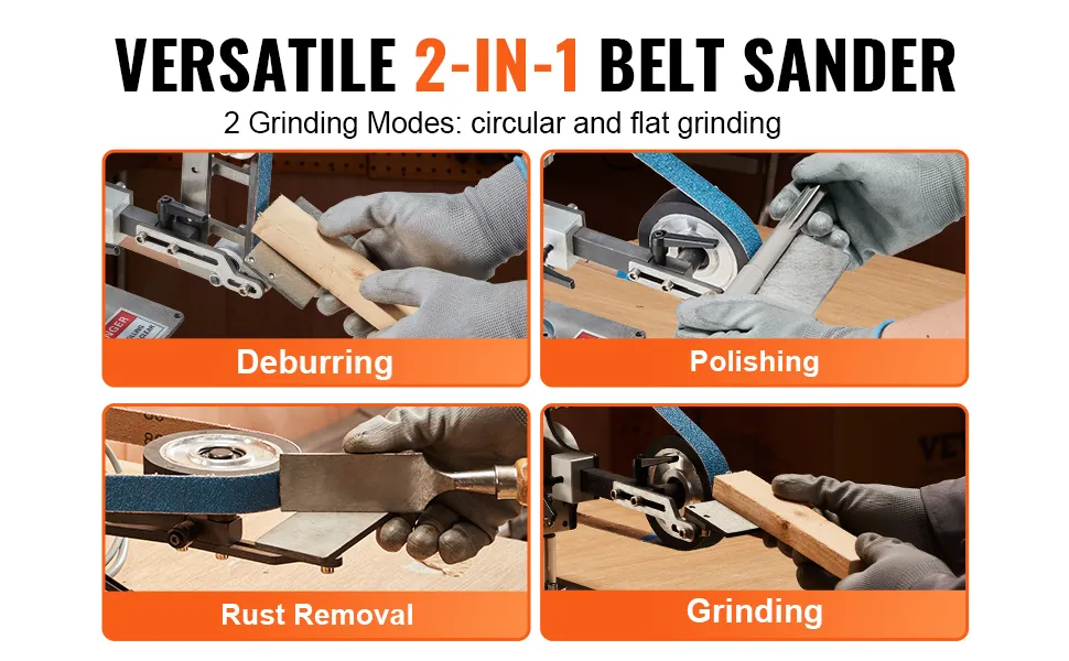 La levigatrice a nastro VEVOR mostra le sue capacità di sbavatura, lucidatura, rimozione della ruggine e molatura.