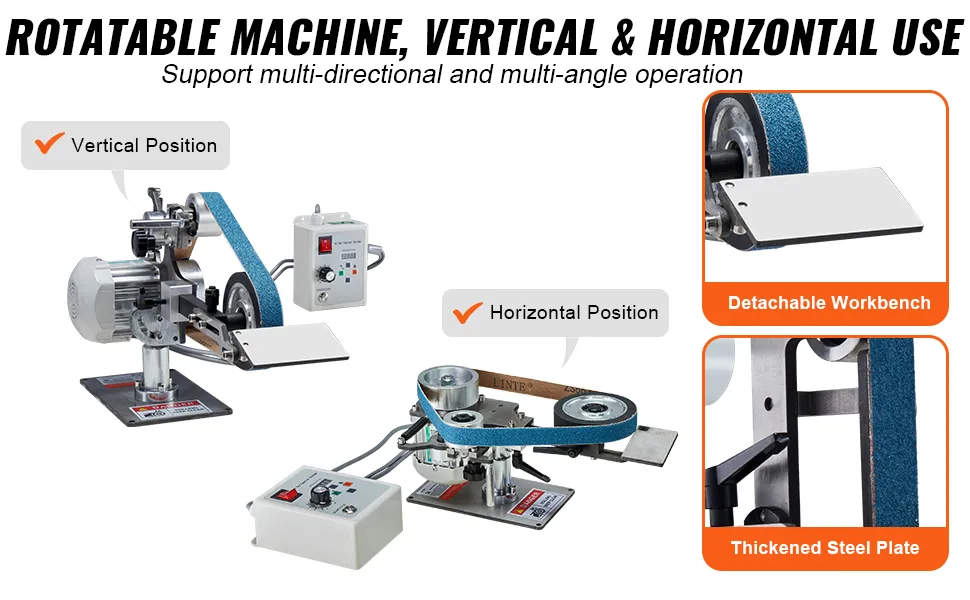 Levigatrice a nastro VEVOR in posizione verticale e orizzontale con banco di lavoro staccabile e piastra in acciaio.
