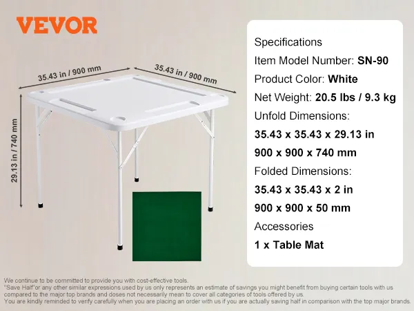 VEVOR mahjong table, white, 35.43 x 35.43 x 29.13 in, foldable with table mat included.