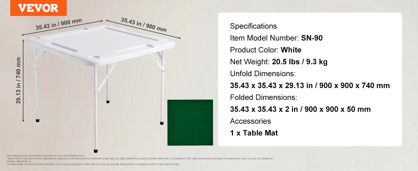 VEVOR mahjong table, white, 35.43 x 35.43 x 29.13 in, foldable with table mat included.