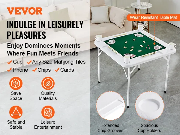 VEVOR mahjong table with cup holders, card slots, and wear-resistant mat for leisure entertainment.