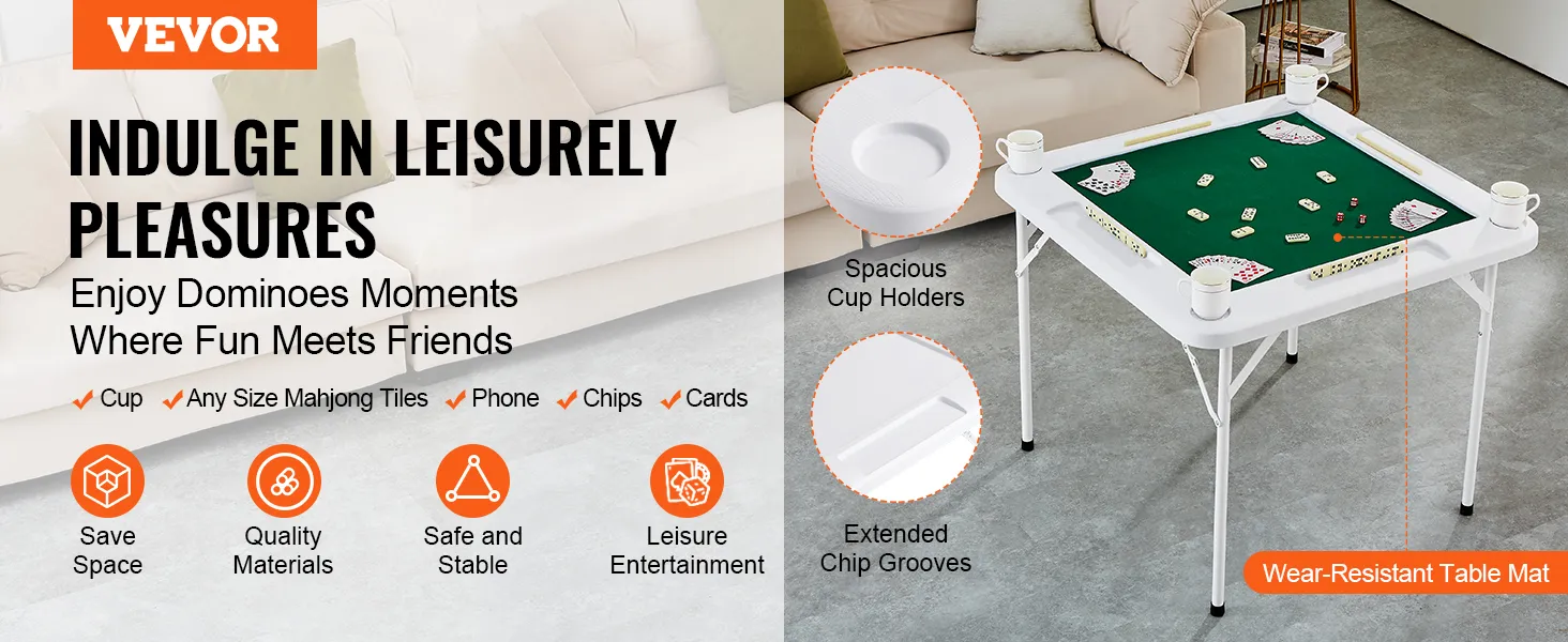 VEVOR mahjong table with cup holders, card slots, and wear-resistant mat for leisure entertainment.
