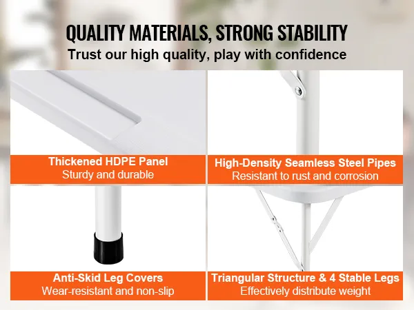 quality materials and strong stability of VEVOR mahjong table with hdpe panel, steel pipes, and anti-skid leg covers.