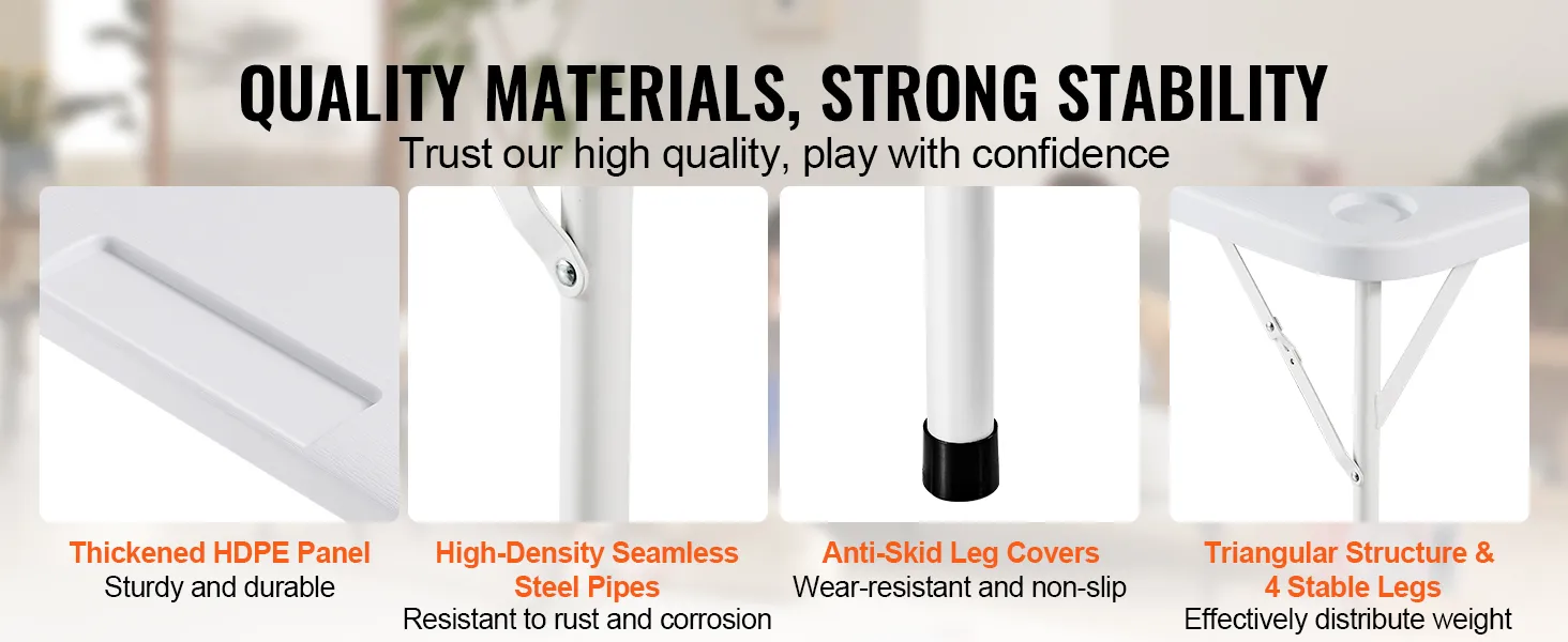 quality materials and strong stability of VEVOR mahjong table with hdpe panel, steel pipes, and anti-skid leg covers.