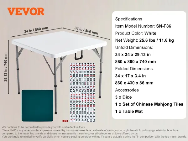 VEVOR mahjong table with foldable white top, 3 dice, mahjong tiles, and table mat. dimensions detailed.