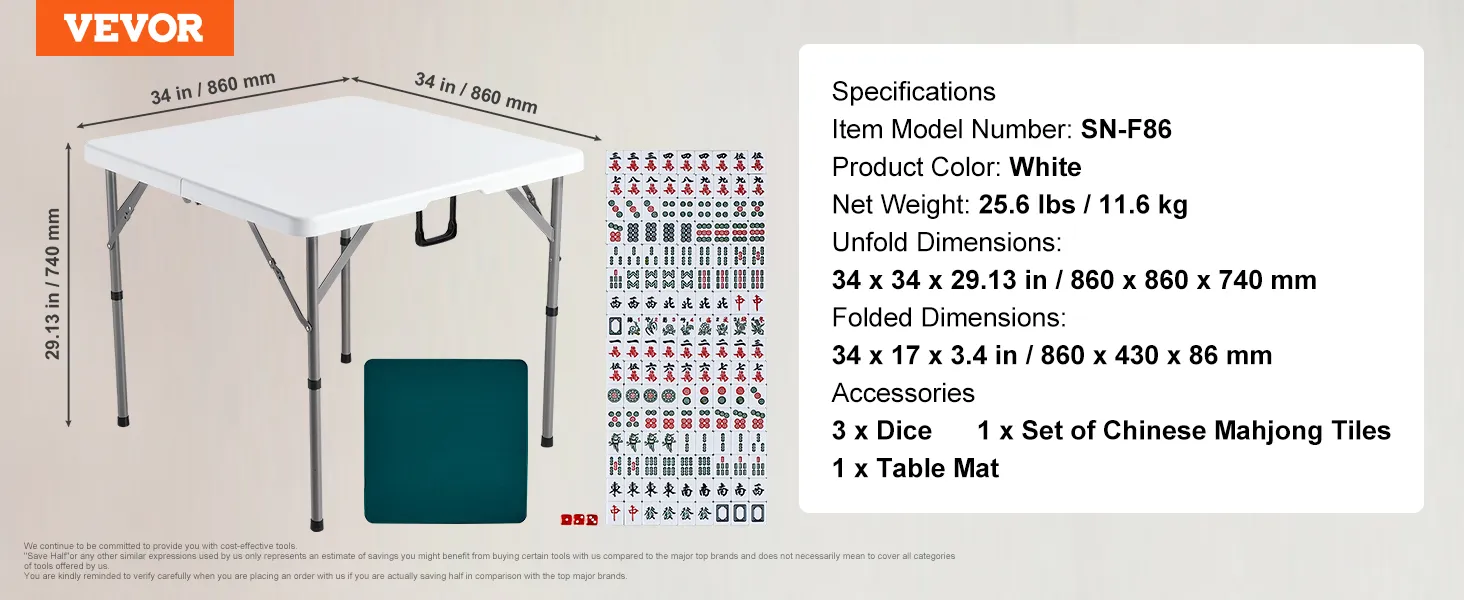 VEVOR mahjong table with foldable white top, 3 dice, mahjong tiles, and table mat. dimensions detailed.