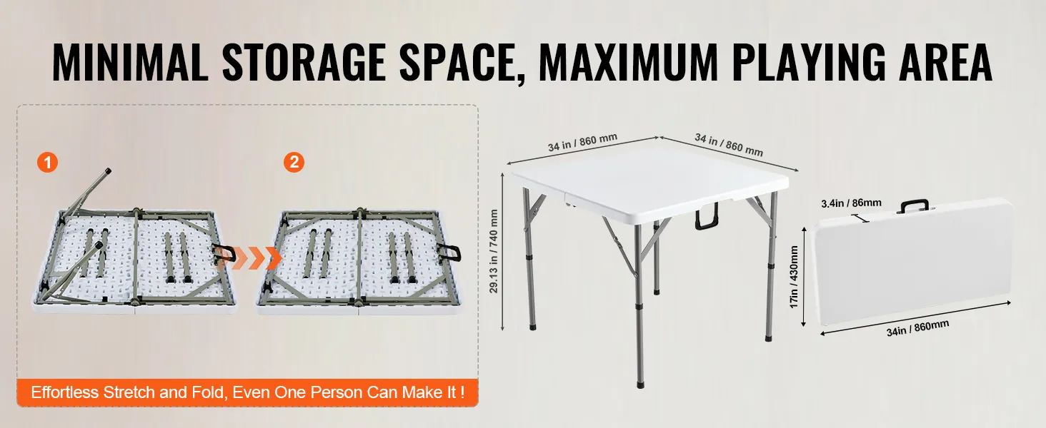 VEVOR mahjong table folded and assembled dimensions with minimal storage, maximum playing area.