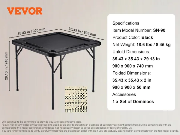VEVOR mahjong table, model sn-90, black, 35.43x35.43x29.13 in, 18.6 lbs, includes dominoes set.