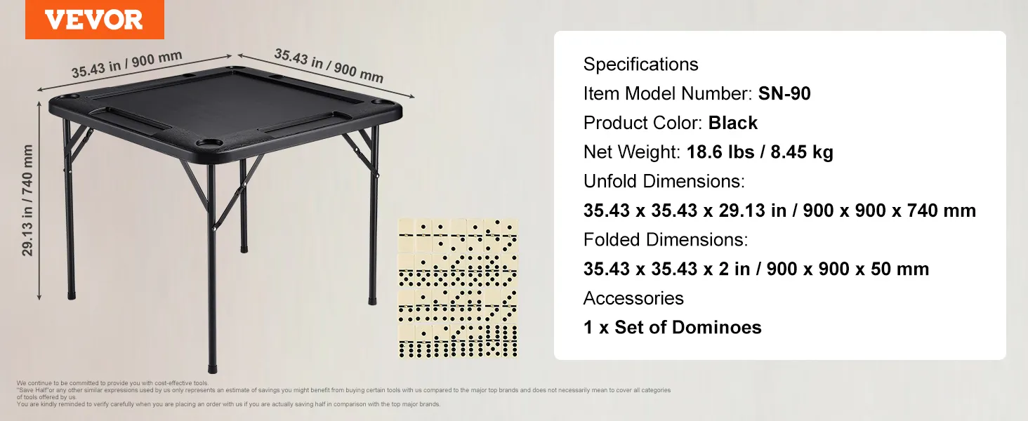 VEVOR mahjong table, model sn-90, black, 35.43x35.43x29.13 in, 18.6 lbs, includes dominoes set.