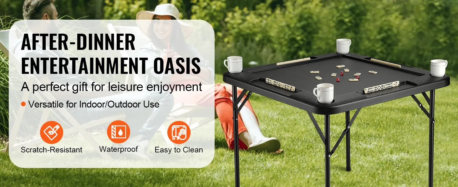 VEVOR mahjong table set up outdoors, emphasizing scratch-resistant, waterproof, and easy-to-clean features.