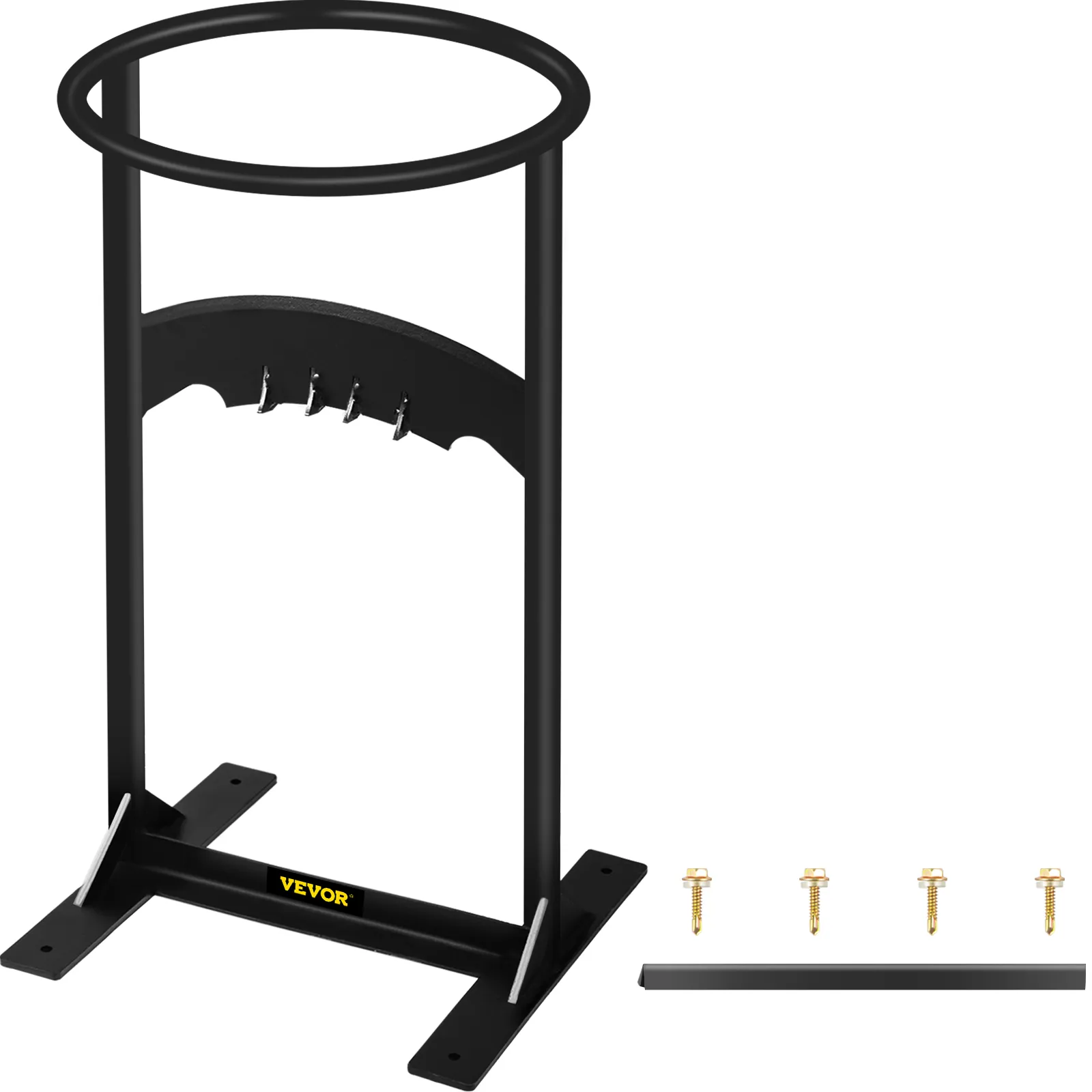 Soporte para partidor de leña VEVOR con tornillos y piezas de montaje sobre fondo blanco.