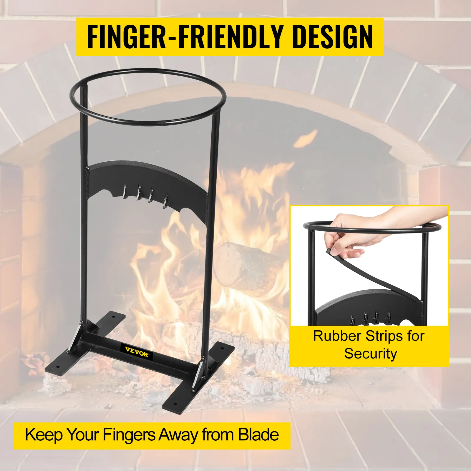 Divisor de leña VEVOR con diseño cómodo para los dedos y tiras de goma para mayor seguridad cerca del fuego.