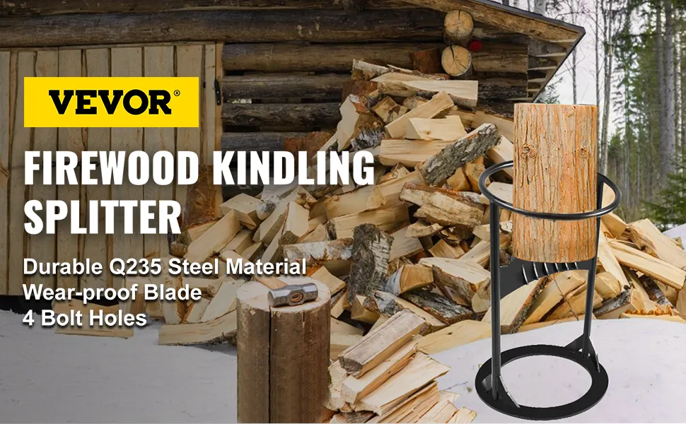 VEVOR log splitter with steel material, wear-proof blade, and 4 bolt holes in snowy woods.