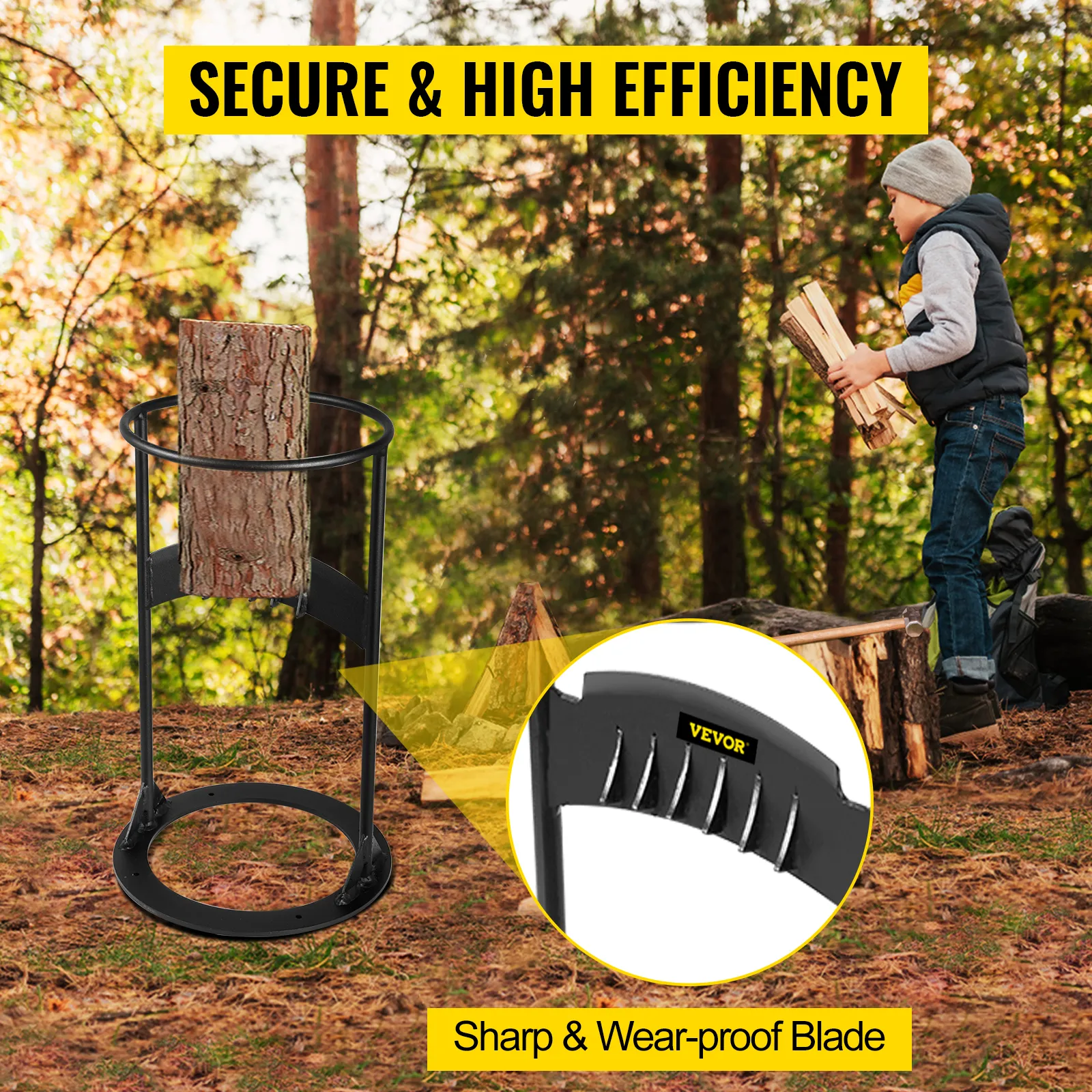 VEVOR log splitter in use outdoors, showcasing a secure and efficient wood cutting tool.