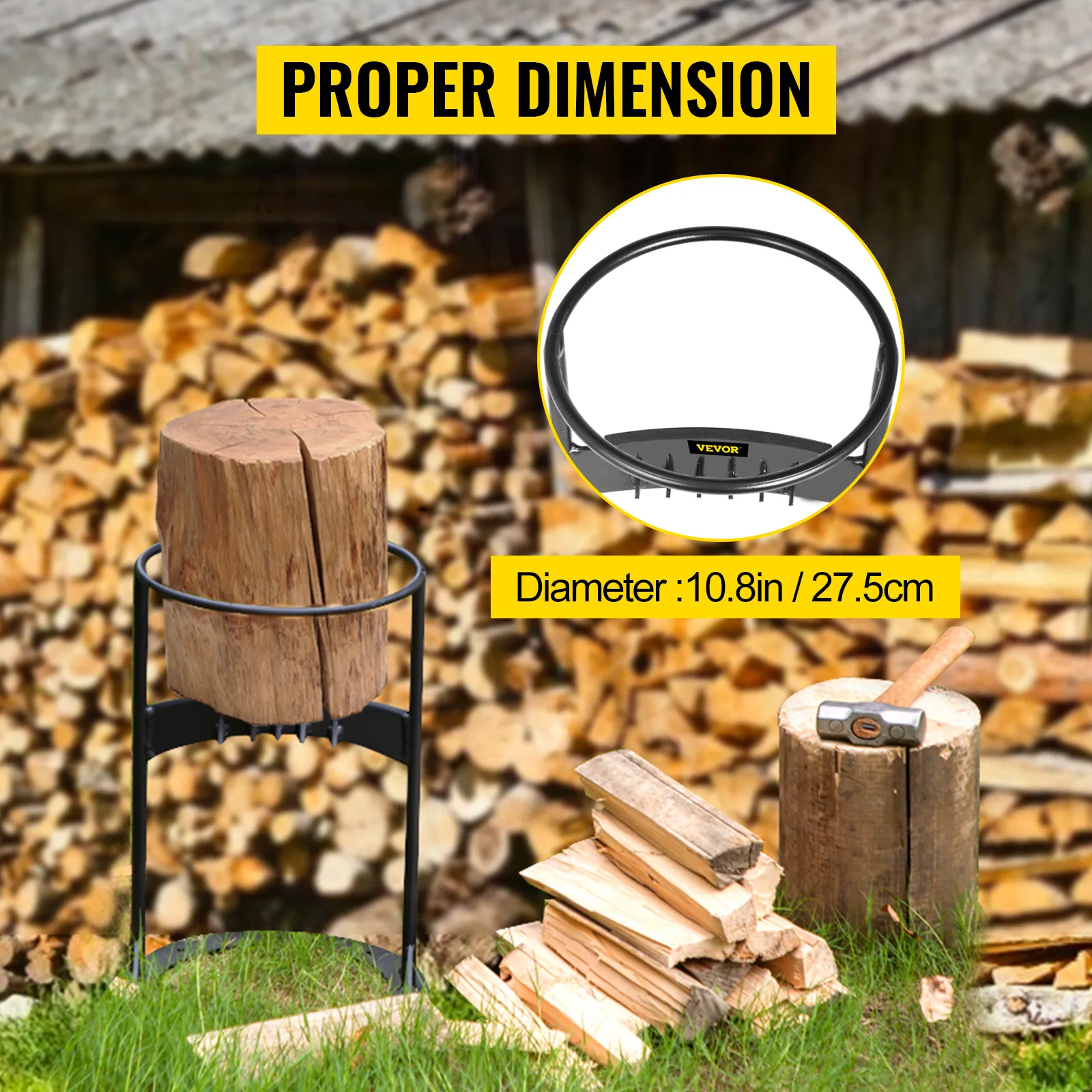 VEVOR log splitter, wood split with logs and an axe in the background stacks.