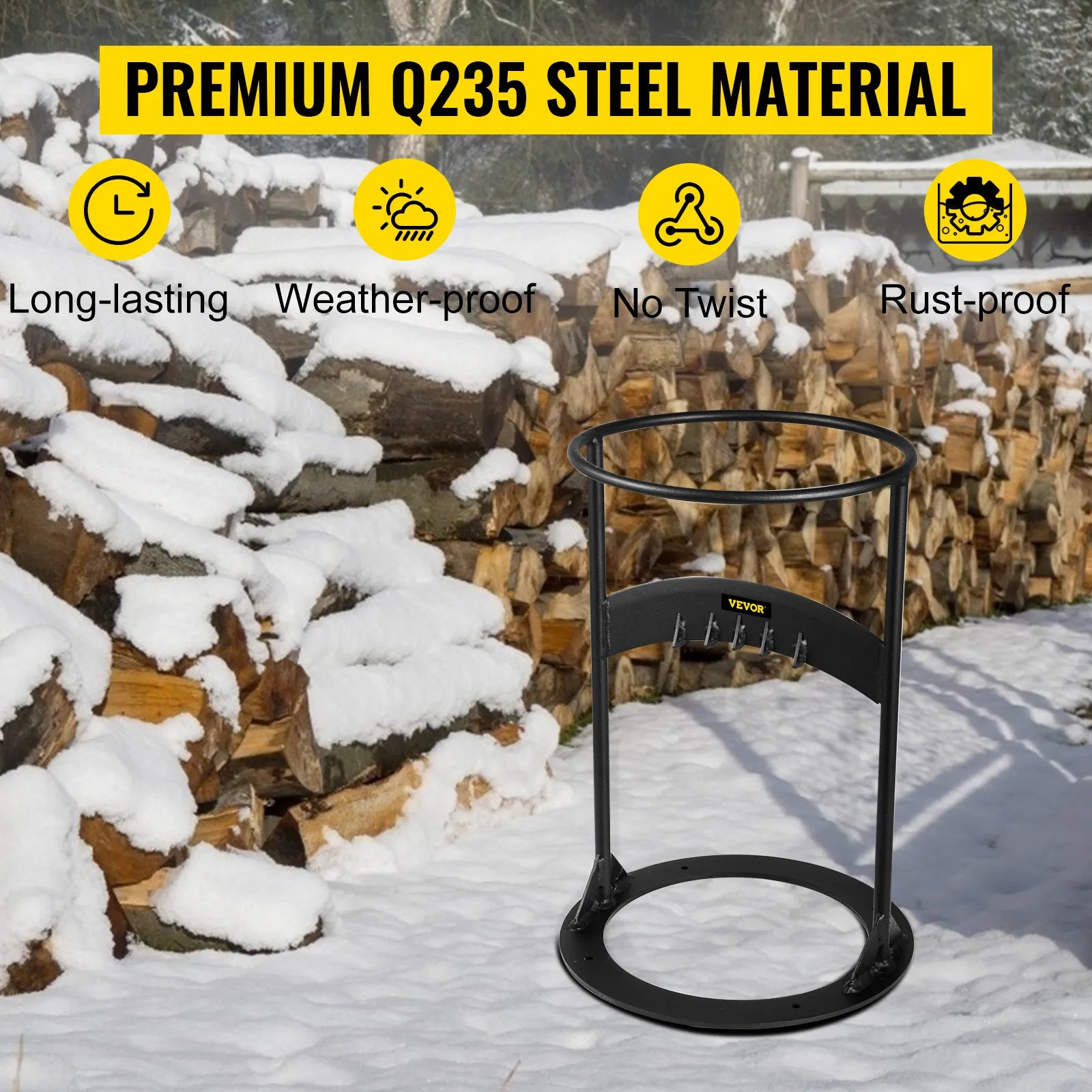 VEVOR log splitter in snowy yard, showing features: long-lasting, weather-proof, no twist, rust-proof.