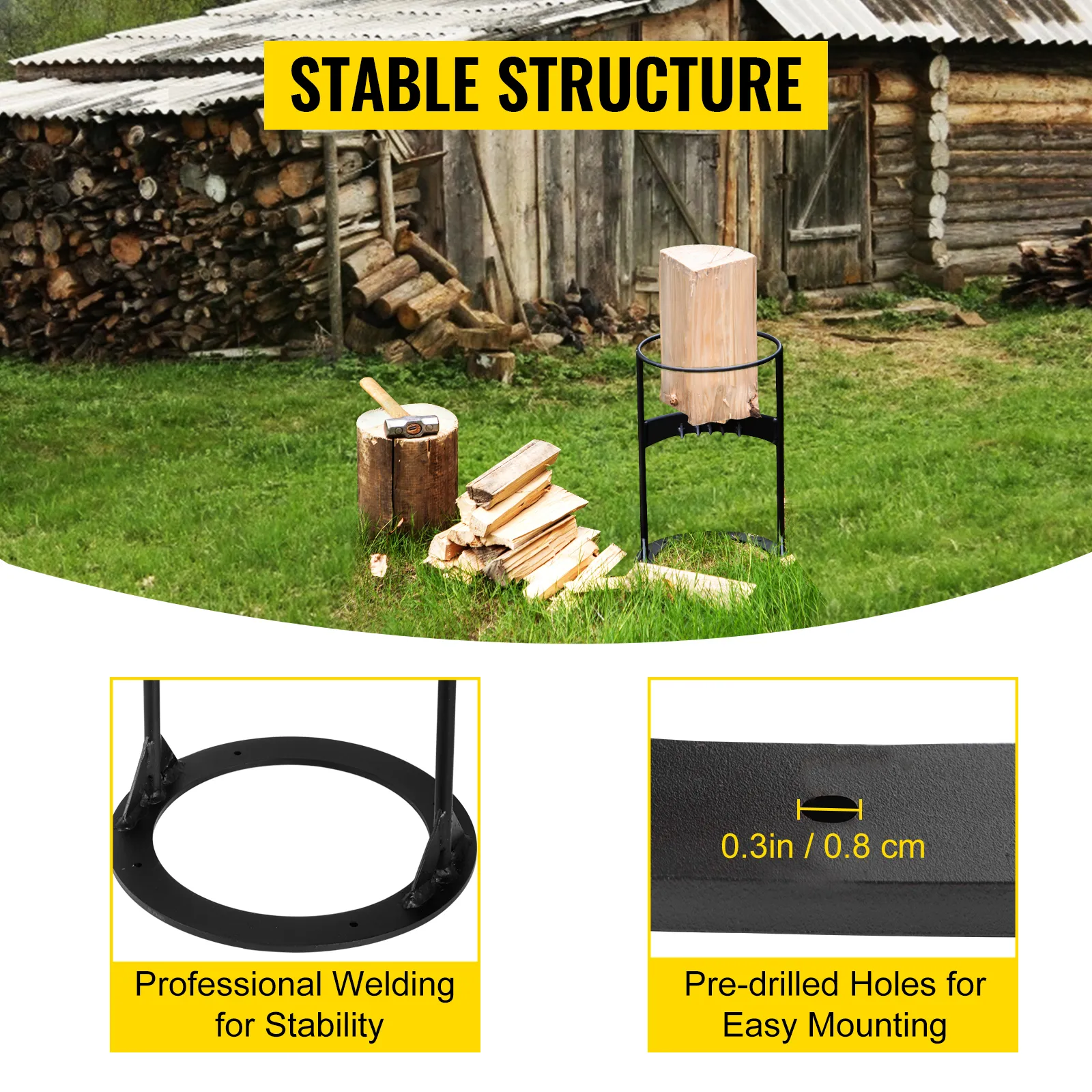 VEVOR log splitter for firewood in front of a wooden shed, stable structure.
