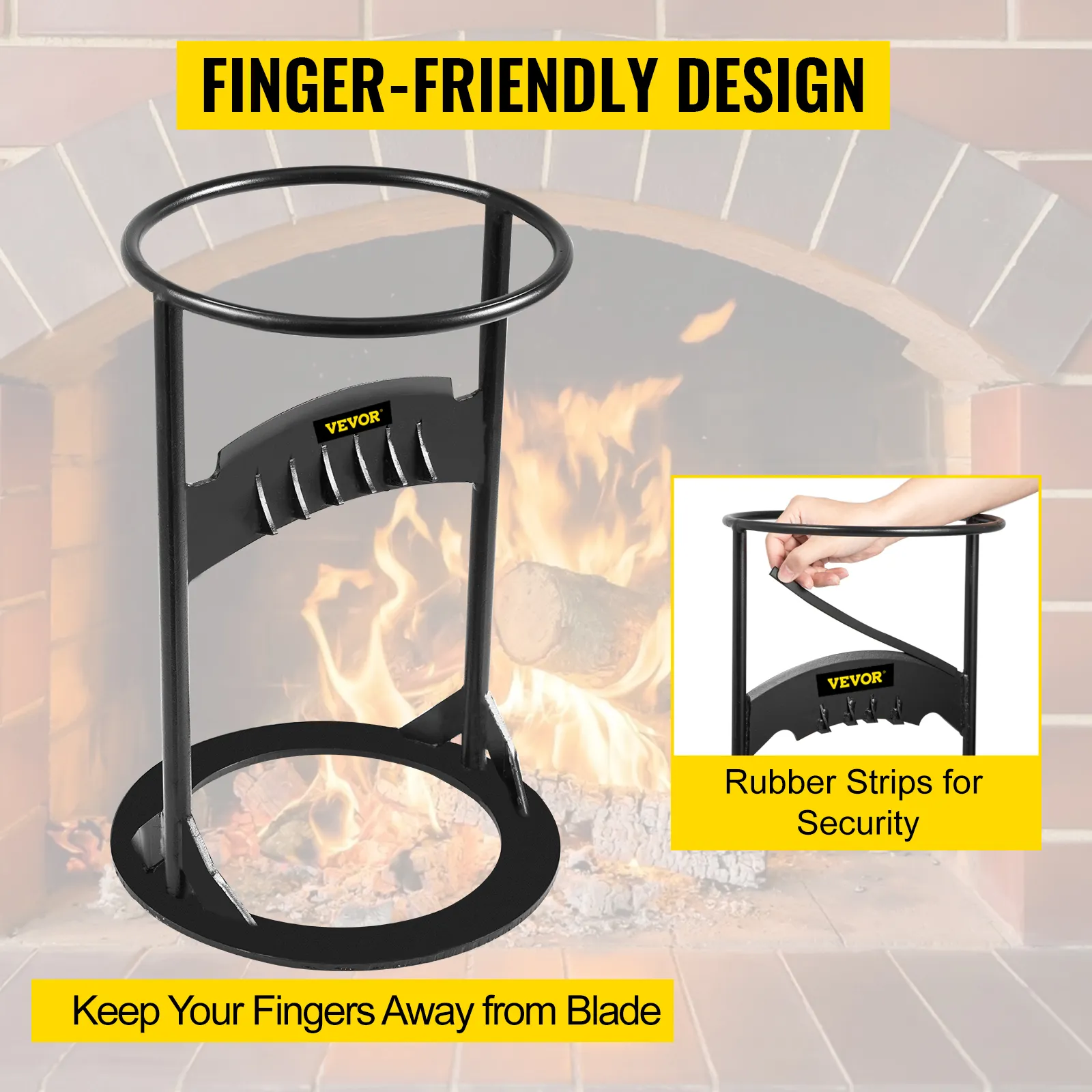 VEVOR log splitter in front of a fireplace, showcasing finger-friendly design.