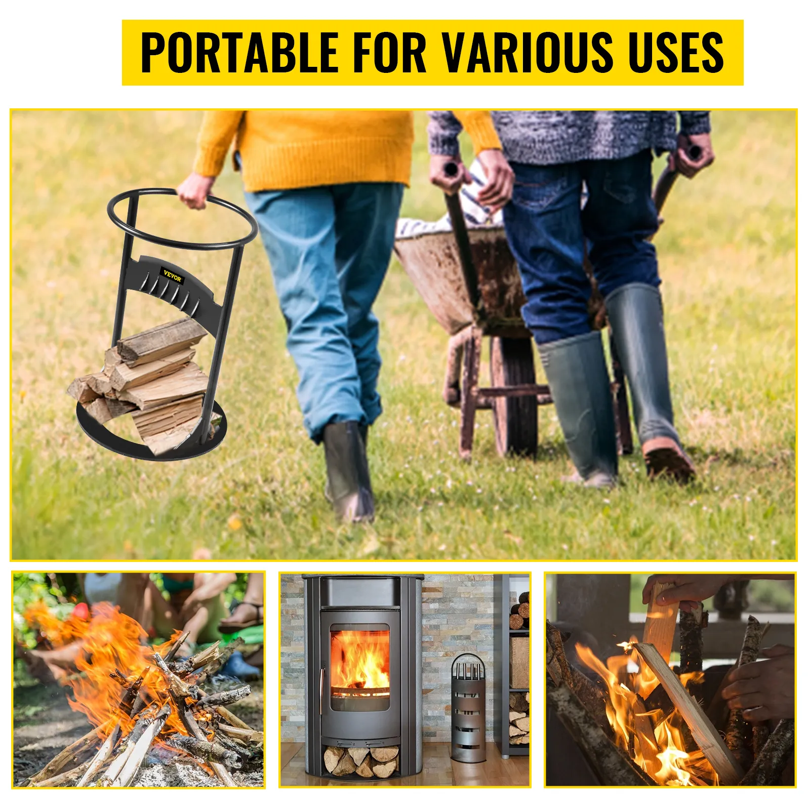 VEVOR log splitter being carried outdoors, used with firewood and for indoor heating.
