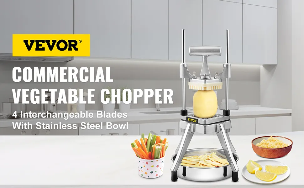 Picadora de verduras profesional VEVOR con 4 cuchillas intercambiables en una cocina moderna.