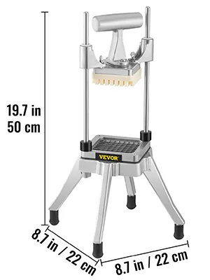 Picadora de verduras profesional VEVOR con dimensiones y estructura de metal resistente.