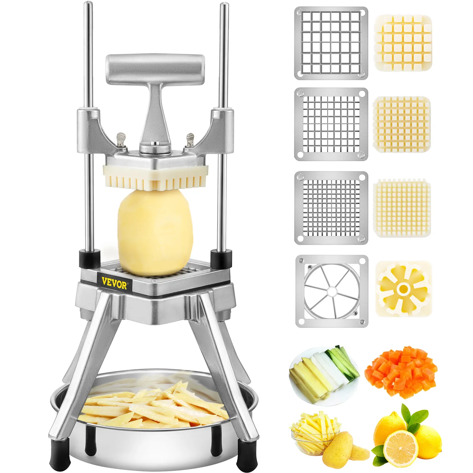 Picadora de verduras comercial VEVOR con varias cuchillas de corte y verduras picadas.