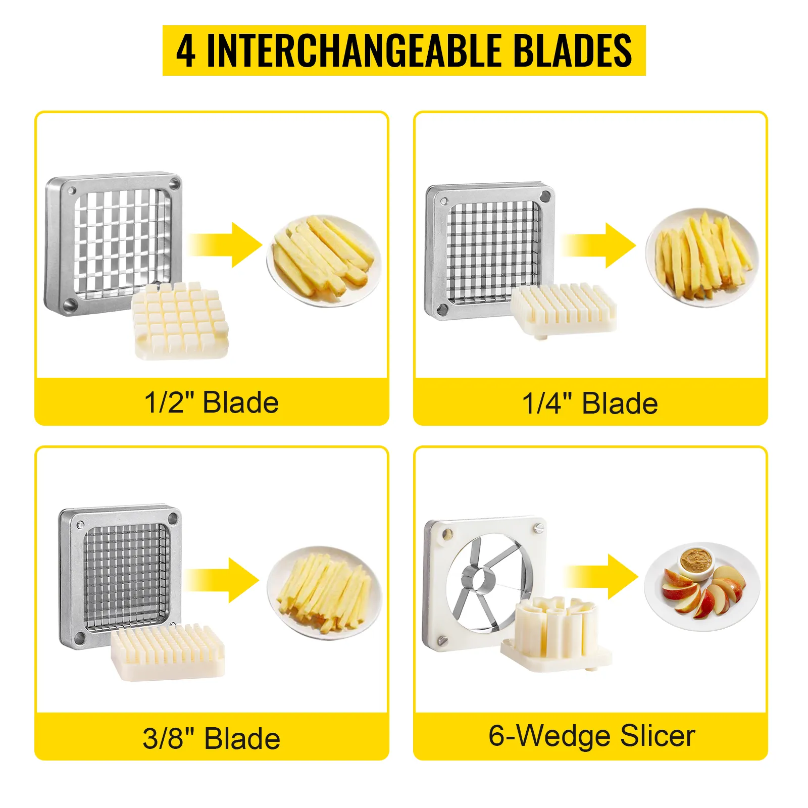 4 cuchillas intercambiables para picadora de verduras comercial VEVOR que muestran diferentes cortes.