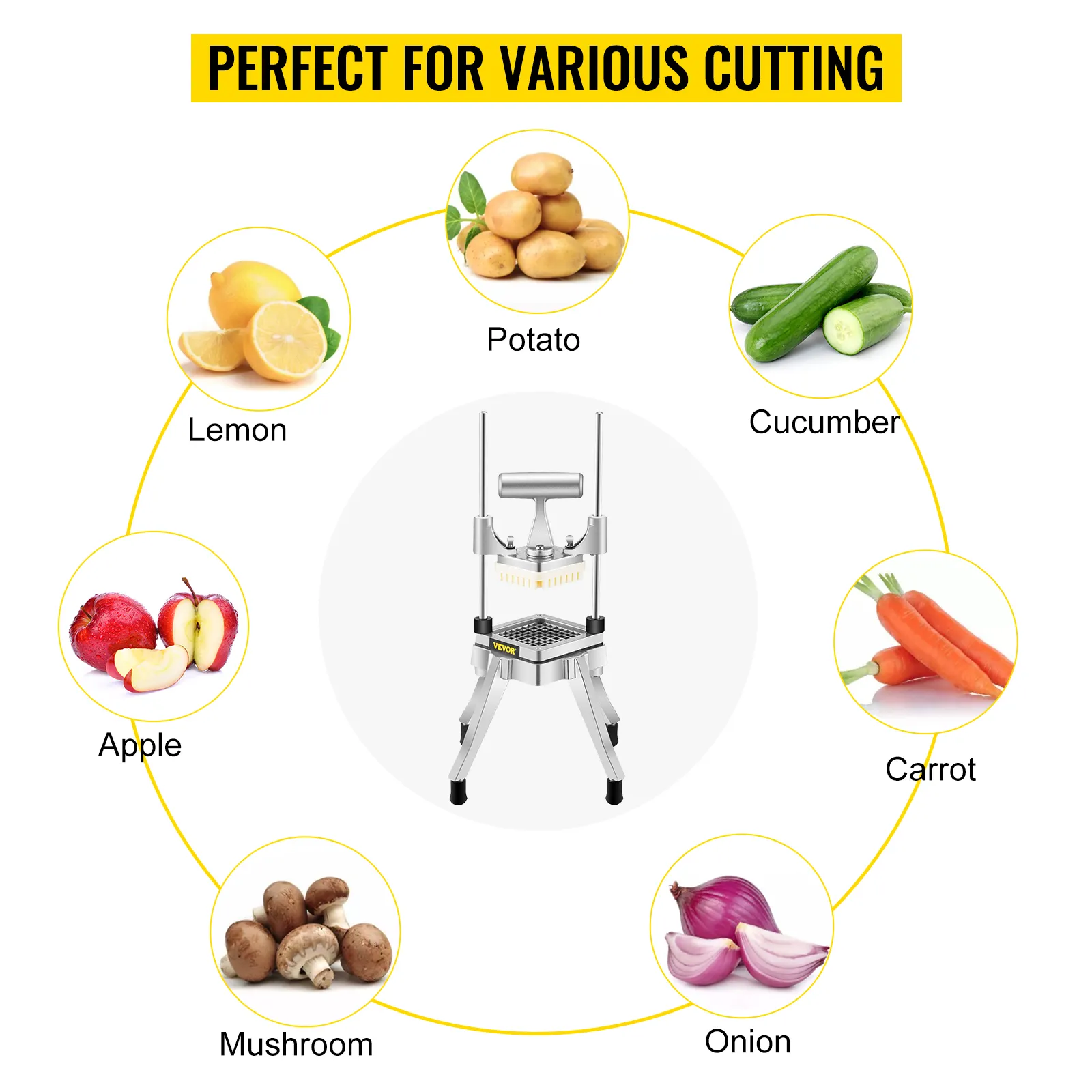 Picadora de verduras comercial VEVOR para cortar patatas, pepinos, zanahorias, cebollas, champiñones, manzanas y limones.