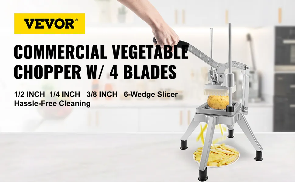 Picadora de verduras profesional VEVOR con picadora de patatas y 4 cuchillas en un entorno de cocina.