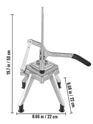 Picadora de verduras comercial VEVOR con patas resistentes y mango de palanca, mostrada con dimensiones.