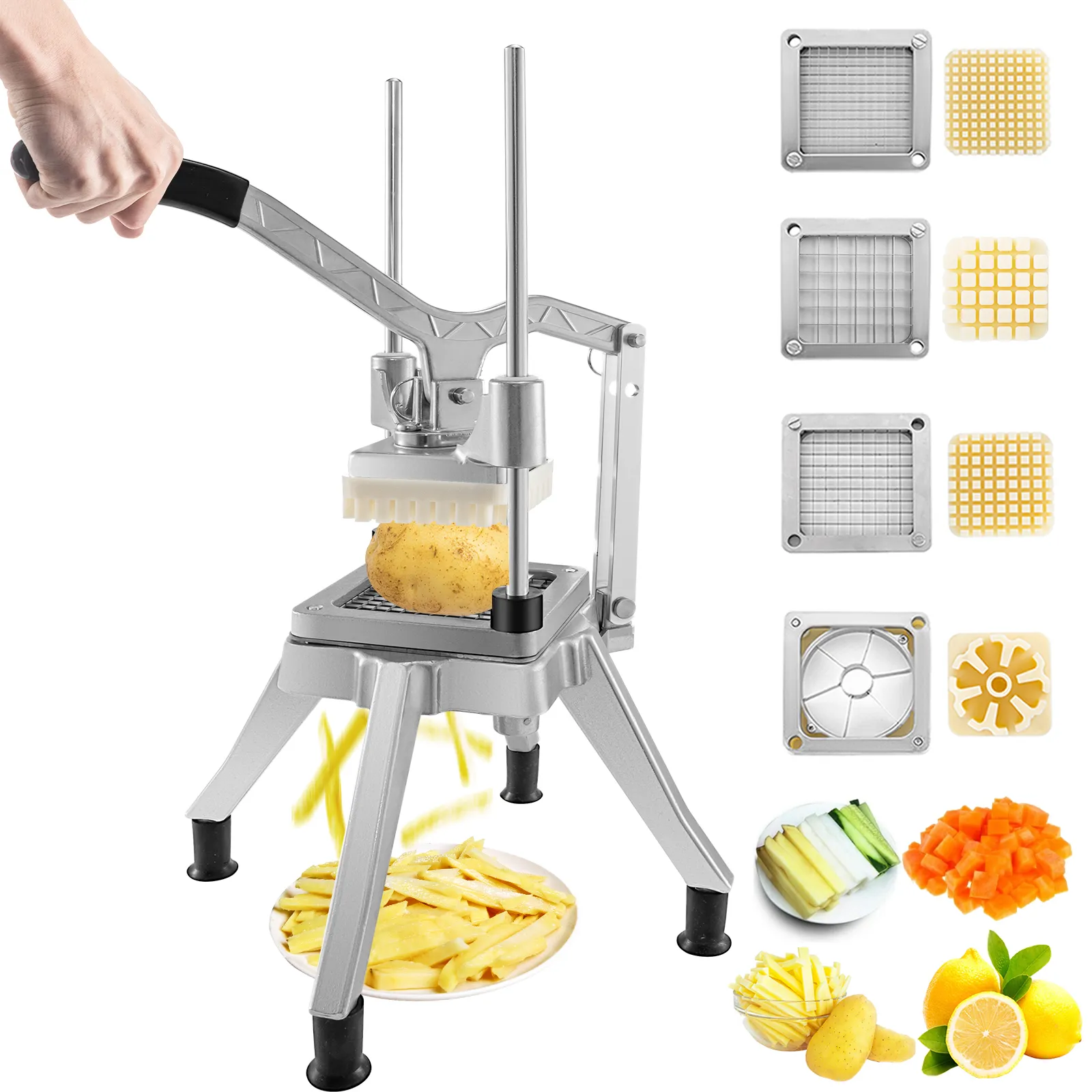 Picadora de verduras comercial VEVOR que corta patatas con varias opciones de cuchillas y verduras en cubitos.