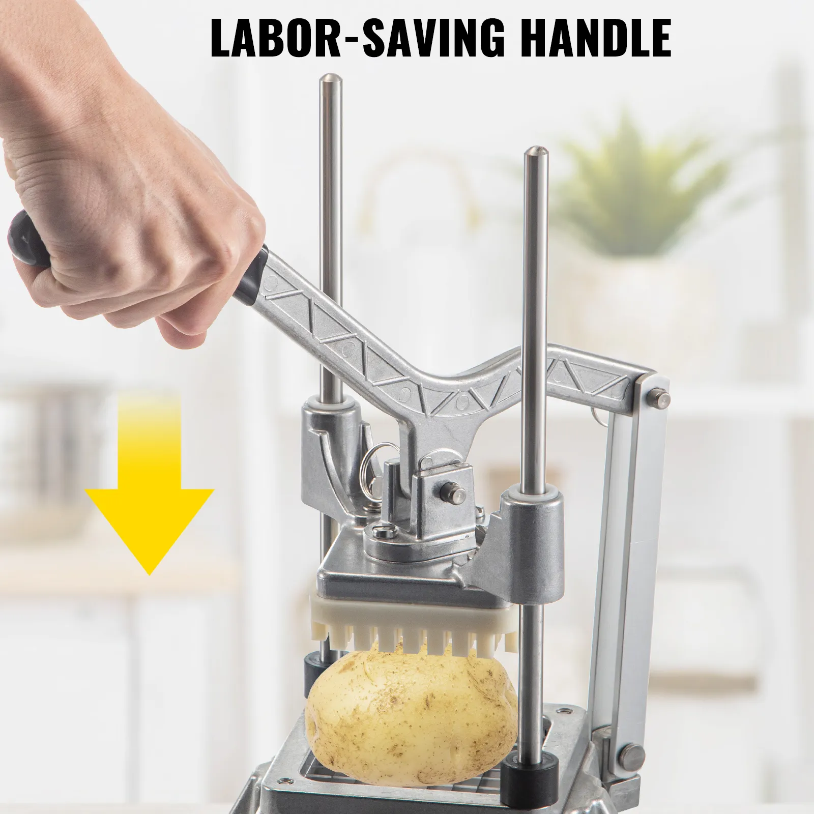 Mano usando la picadora de verduras comercial VEVOR con mango que ahorra trabajo para picar patatas.