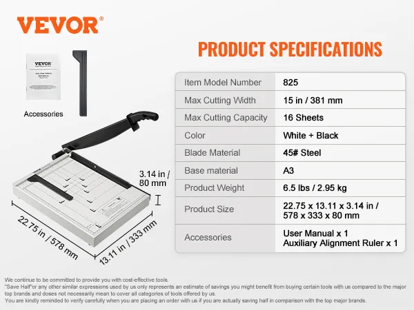 VEVOR paper cutter with 15" cutting width, a3 base, white and black color, handles 16 sheets.