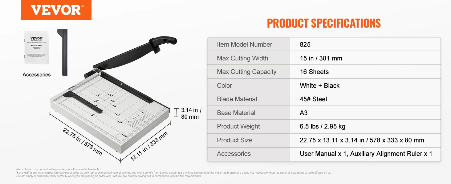 VEVOR paper cutter with 15" cutting width, a3 base, white and black color, handles 16 sheets.