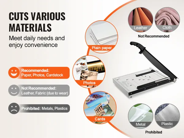 VEVOR paper cutter for cutting paper, photos, and cards. not recommended for leather and cloth.