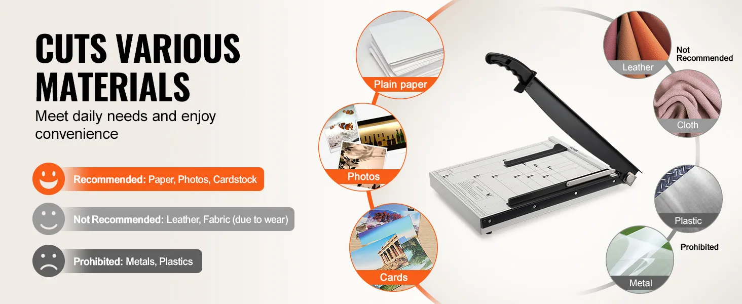 VEVOR paper cutter for cutting paper, photos, and cards. not recommended for leather and cloth.