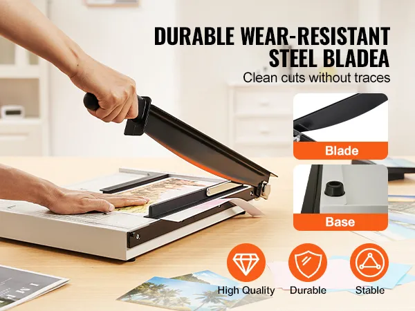 person using a VEVOR paper cutter with a durable, wear-resistant steel blade for neat, clean cuts.