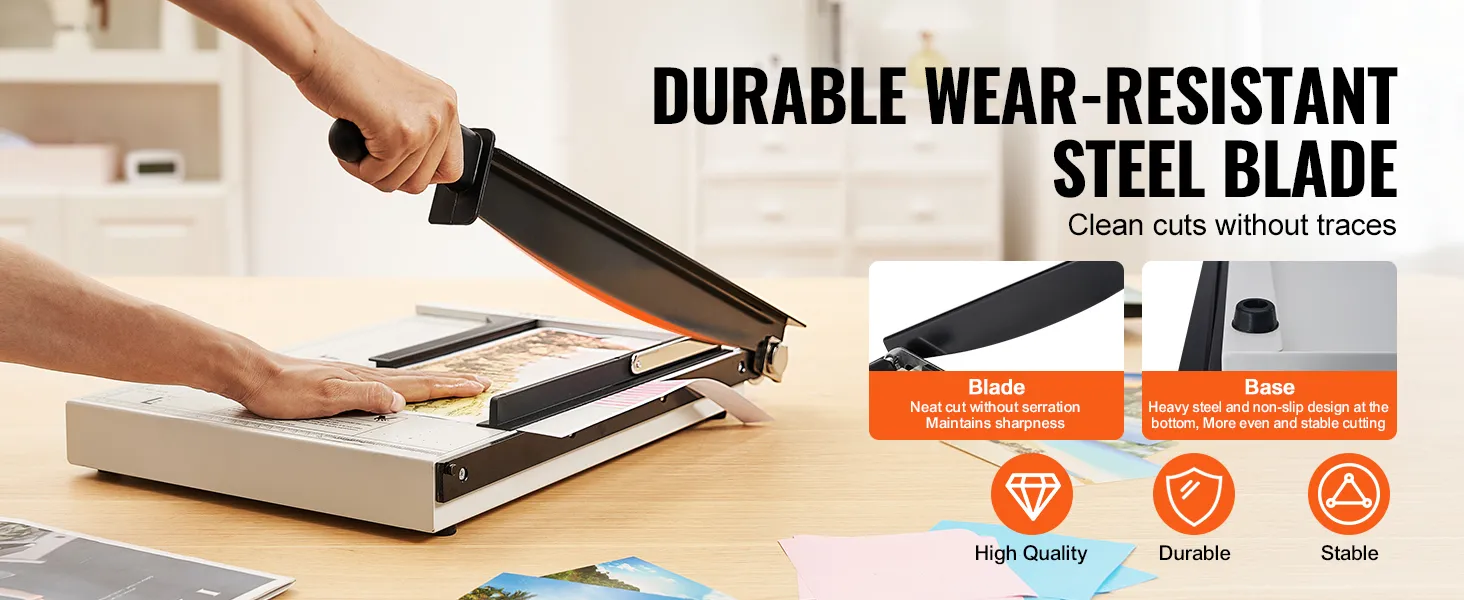 person using a VEVOR paper cutter with a durable, wear-resistant steel blade for neat, clean cuts.