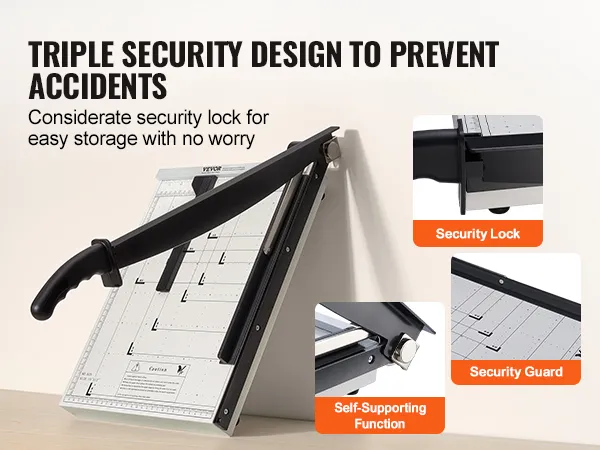 VEVOR paper cutter with triple security design including lock, guard, and self-supporting blade function.