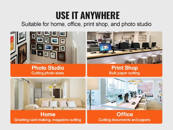 VEVOR paper cutter in photo studio, print shop, home, and office settings, highlighting versatility.