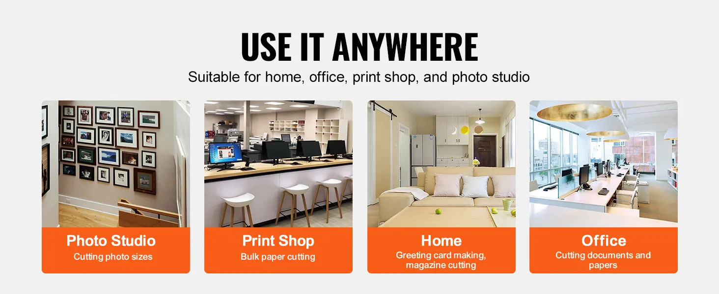 VEVOR paper cutter in photo studio, print shop, home, and office settings, highlighting versatility.