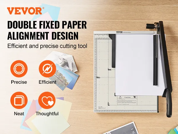 VEVOR-Papierschneider mit doppeltem Design mit fester Papierausrichtung, umgeben von bunten Papieren und Fotos.