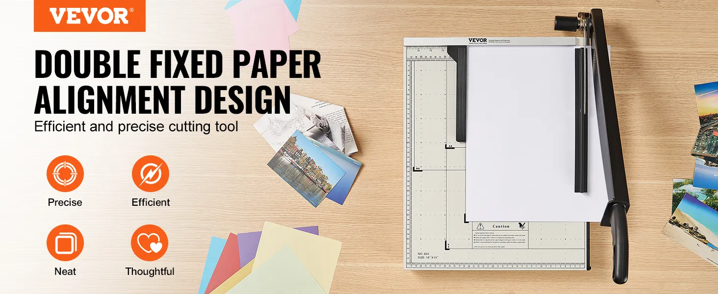VEVOR-Papierschneider mit doppeltem Design mit fester Papierausrichtung, umgeben von bunten Papieren und Fotos.