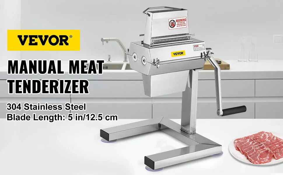 VEVOR manual steak tenderizer in a kitchen setting with stainless steel construction.