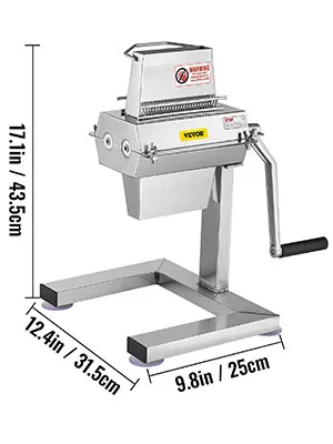 VEVOR manual steak tenderizer with handle, on a stable stand, measuring 17.1in high.