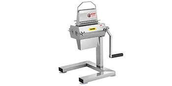 VEVOR manual steak tenderizer, sturdy metal frame with hand crank for kitchen use.