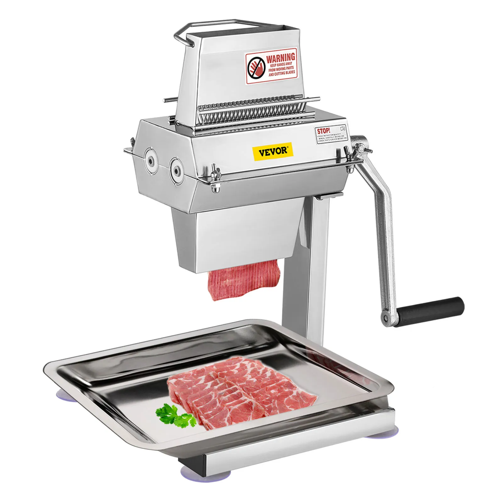 VEVOR manual steak tenderizer processing meat with stainless steel blades and handle.