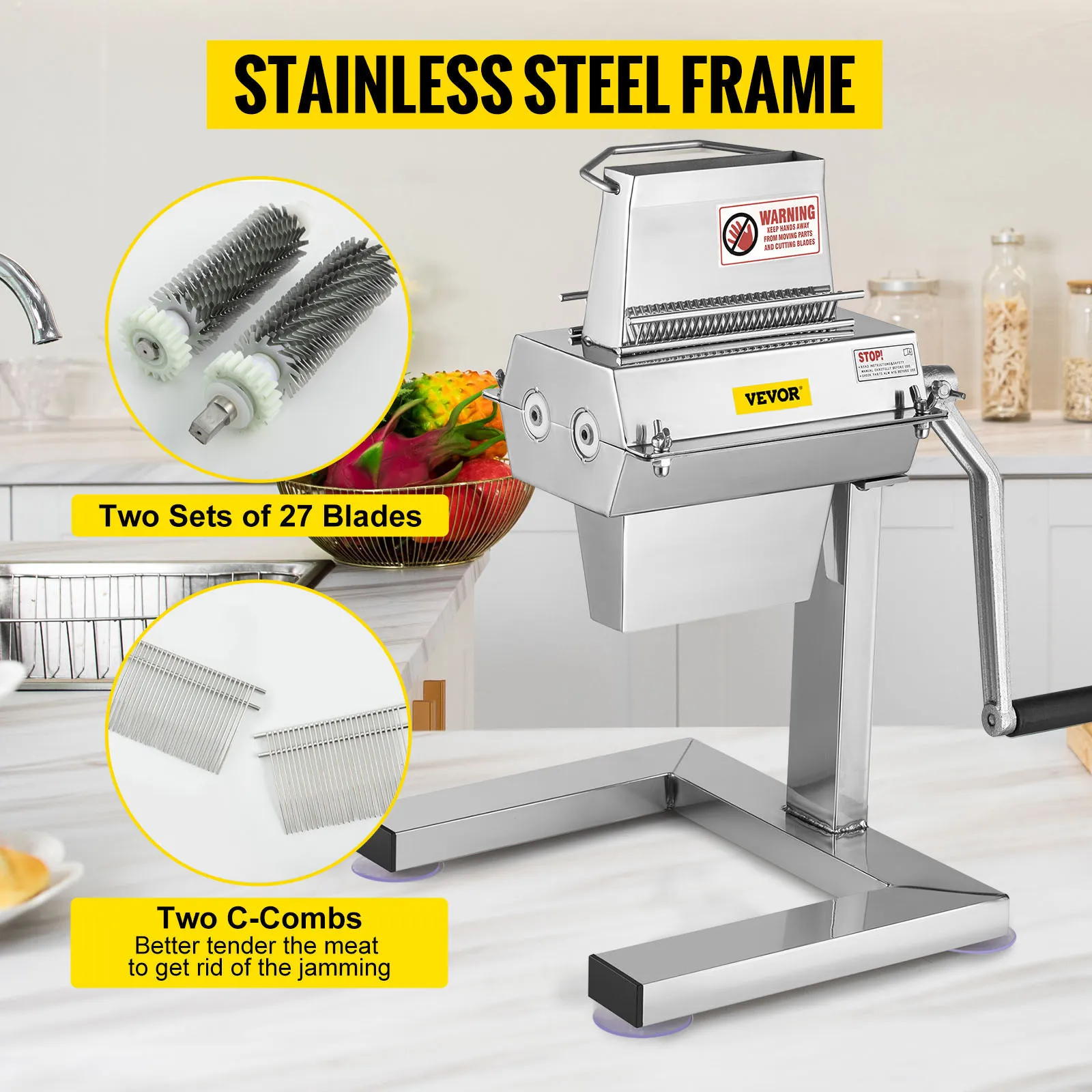 VEVOR manual steak tenderizer with stainless steel frame, 27 blades, and c-combs.